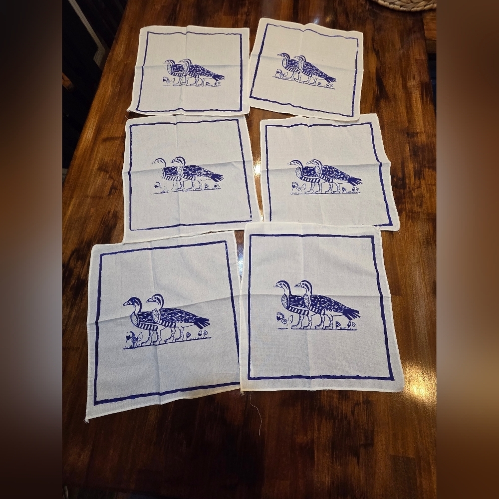 6 Vintage Printed Blue Loons/Ducks White 12” x 11”Napkins Cottege Core Costal